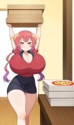 ai_generated curvy delivery_girl huge_breasts ilulu_(dragon_maid) miss_kobayashi's_dragon_maid pink_eyes pink_hair pizza shortstack