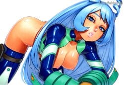 ai_generated blue_eyes blue_hair breasts cleavage crazyfishbones female hadou_nejire large_breasts long_hair looking_at_viewer nipples solo