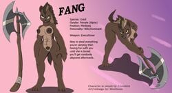 axe breasts character_profile character_sheet english_text fang_(ucrodevil) female furry gnoll mammal meatboom melee_weapon muscular muscular_female nude pubes pussy text weapon