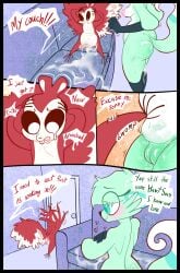 absurd_res after_sex anthro areola balls biped black_sclera bodily_fluids breasts buckteeth canid canine chikn_nuggit cum dialogue duo exclamation_point female flaccid fox fur genital_fluids genitals green_body green_fur green_tail hawt_saus_(chikn_nuggit) hi_res kaboozey male mammal multicolored_body multicolored_tail nipples penis pussy red_body red_tail rodent sciurid slushi_(chikn_nuggit) speech_bubble tail teeth text tree_squirrel white_body white_eyes white_tail