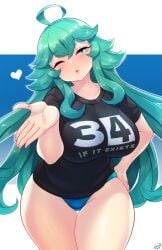 big_ass big_breasts big_butt big_thighs black_shirt breasts green_hair long_hair no_pants pouty_lips rule_34-tan shining_eyes shirt thick_ass thick_thighs