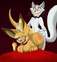 absurd_res anthro bed bed_sheet bedding blush bodily_fluids butt_slap collar domestic_cat drooling duo felid feline felis female furniture grin hi_res kangaroo kayla_(zoophobia) kuramichan leeson_(zoophobia) looking_pleasured macropod male male/female mammal marsupial saliva slap smile spanking tail tail_grab zoophobia
