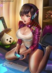 badcompzero blizzard_entertainment cleavage clothed clothing d.va female gamer gaming headgear headphones joystick open_mouth overwatch patreon_username playing playing_games playing_videogame