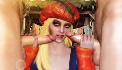 2boys 3d blonde_hair cd_projekt_red clothing female hat light-skinned_female light-skinned_male looking_at_viewer male mascara penis penis_grab priscilla_(the_witcher) ratounador testicles the_witcher_(series) the_witcher_3:_wild_hunt