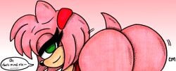 accessory amy_rose anthro ass big_butt clothed clothing dialogue dress eulipotyphlan female green_eyes hair_accessory hairband hedgehog hi_res inkyneko looking_back mammal no_underwear pink_body sega smile solo sonic_(series) sonic_the_hedgehog_(series) speech_bubble tail teasing