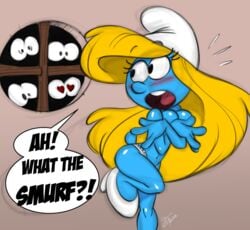 2018 aeolus06 alternate_breast_size high_heels panties peeping public smurfette the_smurfs topless white_hat white_panties white_shoes yellow_hair