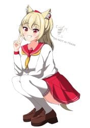 1girls artist_request blonde_hair cat_ears cat_tail catgirl crouching crouching_female ear_fluff female looking_at_viewer original original_character peace_sign red_eyes school_uniform schoolgirl thighhighs thighs