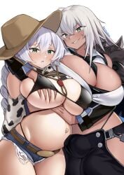1futa absurdres animal_print azur_lane belt big_belly bikini black_bikini black_pants blush breasts brown_hat bulge bulge_under_clothes cleavage coat commission cow_print cowboy_hat dark-skinned_female dark_skin erection erection_under_clothes erotanuki facial_scar fargo_(azur_lane) fargo_(dairy_in_the_dreary_sun)_(azur_lane) female fur-trimmed_coat fur_trim futa_with_female futanari grabbing_another's_breast grabbing_from_behind green_eyes grey_eyes grey_hair groping hand_on_another's_stomach hand_on_pregnant_belly hat highleg highleg_bikini highres huge_breasts indiana_(azur_lane) large_breasts long_hair micro_shorts nervous_female outie_navel pants pixiv_commission pregnant ready_to_pop scar scar_on_cheek scar_on_face shorts smile smirking_at_partner swimsuit torn_clothes torn_shorts white_background white_hair