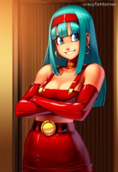 ai_generated blue_eyes bra_(dragon_ball) breasts cleavage crazyfishbones elbow_gloves female gloves large_breasts long_hair smile solo