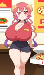ai_generated curvy delivery_girl huge_breasts ilulu_(dragon_maid) miss_kobayashi's_dragon_maid pink_eyes pink_hair pizza shortstack