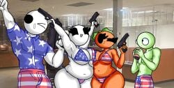 2boys 2girls 2girls2boys 4th_of_july american_flag american_flag_bikini bald bald_female bald_male belly belly_button bikini bikini_bottom bikini_top black_eyes breasts chetoh chubby chubby_female claire_(chetoh) cleavage clothed clothed_female clothed_male concerned_look craig_(chetoh) egg eggmale female green_body height_difference holding_can holding_gun leaf leaf_hair looking_at_partner looking_up male mandy_(chetoh) oc orange orange_body original original_character original_characters pants photo_background raised_arm shirt shorts smile smiling taller_male topless topless_male white_body wink winking