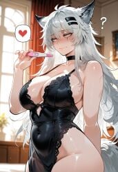 ? ai_generated arknights bare_shoulders blush blush breasts embarrassed flustered lappland_(arknights) lingerie long_hair miyuai pregnancy_test question_mark scar solo solo_focus spoken_heart white_hair wolf_ears wolf_girl