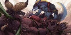 abs anal anthro armor balls biceps big_penis blonde_hair blue_skin bound capcom claws clothed clothing cum cum_inside domination dragon duo erection feathers forced grey_scales hair helmet holding_penis horn invalid_tag loincloth lying male mane monster_hunter monster_hunter_world muscular muscular_male nergigante on_back open_mouth partially_clothed pecs penis red_scales ridged_penis scales sex size_difference spines spread_legs spreading teryx_commodore vein video_games vines yaoi zephyxus