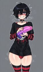 1boy ai ai_art ai_generated dark_hair dildo embarrassed emo femboy flirting flirty front_view male thick_thighs thighs