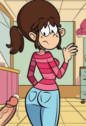 ai_generated clothed fiona_(the_loud_house) looking_at_viewer looking_back nickelodeon penis precum solo standing the_loud_house