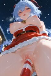 ai_generated bell_collar big_breasts blue_hair breasts breasts_out caramel christmas clowenqq erect_nipples ganyu_(genshin_impact) horns looking_pleasured nipples object_insertion open_mouth pussy