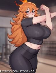1female 1girls 2d 2d_(artwork) ai_generated big_ass big_breasts black_clover blue_eyes breasts female large_ass large_breasts makeup mereoleona_vermillion muscular muscular_female orange_hair patreon patreon_username ryogangg tight_clothing tight_fit training