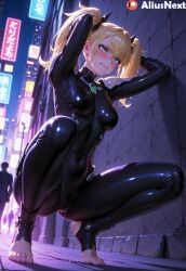 1girls ai_generated aliusnext big_ass big_breasts blonde_hair blush bodysuit breasts embarrassed feet female foot_fetish foot_focus green_eyes kaiju_no.8 kikoru_shinomiya light-skinned_female light_skin mature mature_female patreon soles squatting toes tsundere twintails