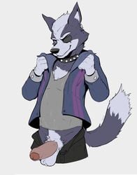 2018 anthro balls canine clothed clothing delirost digital_media_(artwork) erection fur humanoid_penis looking_at_viewer male male_only mammal nintendo partially_retracted_foreskin penis sex simple_background solo star_fox uncut video_games wolf wolf_o'donnell