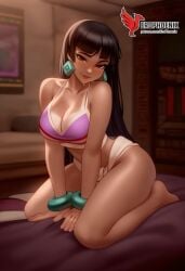 1girls 2d ai_generated ass bangs bare_shoulders barefoot big_ass big_breasts breasts chel chel_(the_road_to_el_dorado) cleavage dark-skinned_female dark_skin dreamworks earrings erophoenix feet full_body grin hoop_earrings huge_breasts jewelry long_hair looking_at_viewer looking_back navel patreon_username purple_bra shorts sitting smile soles solo solo_female strapless tan the_road_to_el_dorado thick thick_thighs toes uncensored