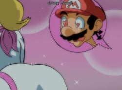 1990s ass ass_focus blonde_female bright_background brunette_male fake_screenshot funny heart-shaped_pupils looking_at_ass mario_(series) mario_kart mario_kart_world pervert princess_peach