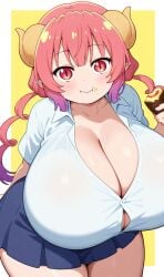 ai_generated cleavage curvy eating huge_breasts ilulu_(dragon_maid) miss_kobayashi's_dragon_maid pink_eyes pink_hair school_uniform schoolgirl shortstack