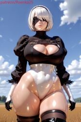 ai_generated black_dress blindfold cleavage erect_nipples huge_breasts nier nier:_automata nier_(series) reenka25 stockings thick_thighs thighhighs thighs white_hair white_leotard yorha_2b