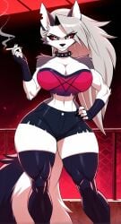 1girls ai_generated anthro big_breasts black_eyelashes black_leggings black_nose black_shorts black_thighhighs booty_shorts breasts cigarette collar curvy curvy_body curvy_female curvy_figure eyelashes female fingerless_gloves fit_female furry furry_breasts furry_ears furry_female furry_only furry_tail gray_hair hand_on_hip hellhound helluva_boss holding_cigarette holding_object hourglass_figure hourglass_figured_female long_hair looking_at_viewer loona_(helluva_boss) muscular_arms neutral_expression no_bra red_eyes shirt shorts spiked_collar surikat surikat1 thick_thighs thighhighs white_fur wide_hips wolf wolf_ears wolf_girl wolf_tail