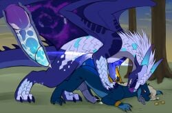 absurd_res anal anal_sex animal_genitalia animal_penis aurelius_(auden) balls blue_body bodily_fluids bracelet claws cum cum_inside cum_on_penis cum_while_penetrated doggy_style dragon duo ejaculation erection european_mythology eyewear feral from_behind_position fur galaxy_(dragon) genital_fluids genitals glasses hair hi_res horn hybrid icewing_(wof) internal jewelry knot kuueen male male/male male_penetrated male_penetrating male_penetrating_male medial_ring membrane_(anatomy) membranous_wings mythological_creature mythological_scalie mythology nightwing_(wof) open_mouth penetration penile penile_penetration penis ring scales scalie sex simple_background tail tongue western_dragon white_hair wings wings_of_fire