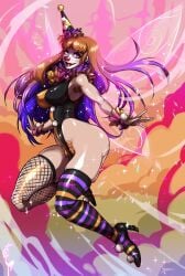 1girls armpit_hair blue_hair clown clown_girl clown_hat clown_makeup clown_nose female female_only fishnet_stockings full_body hairy_crotch heels heterochromia high_heels leotard long_hair looking_at_viewer nipple_bulge orange_hair orange_pubic_hair pink_eyes pubic_hair purple_hair red_lipstick smiling smiling_at_viewer solo striped_thighhighs thick_thighs thigh_squish thighhighs three_tone_hair turtlechan very_high_resolution white_eyes wrist_cuffs