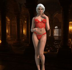 3d breasts cd_projekt_red ciri female garos green_eyes light-skinned_female lingerie looking_at_viewer mascara nipples scar solo solo_female tattoo the_witcher_(series) the_witcher_3:_wild_hunt transparent_clothing white_hair