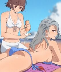 applying_sunscreen ass atlus beach big_ass big_breasts bikini bra_removed breasts gjh_1 looking_at_viewer looking_back lying lying_on_stomach makoto_niijima mole_on_ass on_stomach outdoors outside persona persona_5 sae_niijima sideboob smile sunscreen