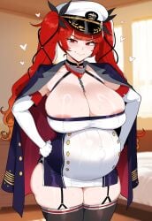 1girls ai_generated ass azur_lane big_breasts breasts enormous_breasts female female_focus hat honolulu_(azur_lane) huge_ass huge_breasts large_breasts light-skinned_female long_hair looking_at_viewer looking_pleasured pregnant pregnant_belly pregnant_female red_eyes red_hair smiling smiling_at_viewer thick_thighs thighs twintails wide_hips