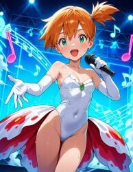 2025 4kids_entertainment ai_generated anime blue_headwear deviantart elryusam goldeen_(cosplay) green_eyes holding_microphone kasumi_(pokemon) looking_at_viewer meta music nintendo not_porn open_mouth orange_cheeks orange_hair pokemon red_lipstick singing smile_at_viewer smiling_at_viewer wet_body wet_dress wet_skin white_dress white_gloves