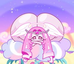1girls angel angel_wings ass ass_focus ass_up big_ass cloud cookie_run cookie_run_kingdom czartheczar eternal_sugar_cookie female_only huge_ass looking_at_viewer pink_body pink_eyes pink_hair solo_female