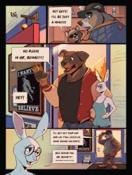 anthro bear canid canine comic devil_of_altar_lake domestic_dog english_text female hi_res lagomorph leporid male mammal procyonid rabbit raccoon