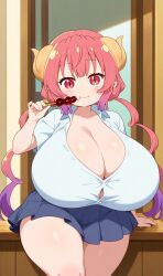 ai_generated breasts cleavage curvy eating female huge_breasts ilulu_(dragon_maid) miss_kobayashi's_dragon_maid pink_eyes pink_hair school_uniform schoolgirl shortstack