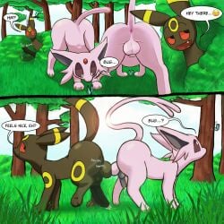 absurd_res all_fours anatomically_correct anatomically_correct_genitalia animal_genitalia animal_penis anus aroused arthropod ass awesome_face balls balls_touching bent_over big_balls big_butt big_penis bodily_fluids butt_focus butterfly canine_genitalia canine_penis comic day dialogue distracted eeveelution emoji english_text espeon foreplay forest generation_2_pokemon genital_fluids genitals half-erect hi_res huge_balls huge_cock in_heat insects lens_flare lepidopteran light lolpiss looking_back male male/male meme nintendo nude oblivious onomatopoeia outside paws penis plant play_bow_pose pokemon pokemon_(species) precum presenting presenting_hindquarters questionable_consent raised_leg raised_tail side_view smile smirk sound_effects sudden_erection sunlight tail text tree umbreon