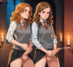 2futas ai_generated boobly brown_hair candle cum cumshot futa_with_futa futanari harry_potter hermione_granger masturbation medium_breasts school_uniform schoolgirl standing