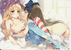 2girls :d absurdres american_flag american_flag_legwear anus ass bed blonde_hair bloomers bloomers_(victorian) bloomers_pull blush bow breasts brown_eyes brown_hair censored clownpiece from_side hair_ribbon hairbow hat highres horizontal-striped_legwear horizontal_stripes jester_cap ke-ta long_hair mosaic_censoring multiple_girls nipple_tweak nipples no_shoes open_mouth pantyhose polka_dot profile pussy red_eyes ribbon scan small_breasts smile star star_print star_sapphire_(touhou) striped striped_legwear topless touhou translation_request underwear white_bloomers yuri