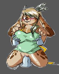 2018 apron big_breasts biting_lip blush breasts clothing disembodied_hand disembodied_penis female kneeling lagomorph looking_pleasured male mammal overweight penis popsicledog pussy rabbit simple_background slightly_chubby