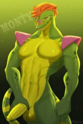 abs alligator alligatorid animatronic anthro balls big_penis crocodile crocodilian erection eyewear five_nights_at_freddy's five_nights_at_freddy's:_security_breach genitals green_body hair hi_res machine male mammal mohawk montgomery_gator montgomery_gator_(fnaf) multicolored_body muscular muscular_male penis red_hair reptile robot scalie scottgames shoulder_pads solo star steel_wool_studios tail teeth yamorio yellow_body