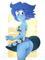 1girls ass blue_blush blue_eyes blue_hair blue_legs blue_skin blush breasts cartoon_network cubedcoconut dat_ass design dress female gem_(species) lapis_lazuli_(steven_universe) medium_ass no_panties nose one_girl partially_clothed pointy_nose skirt skirt_lift solo solo_female steven_universe sundress