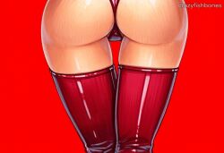 ai_generated ass ass_focus bra_(dragon_ball) crazyfishbones female from_behind looking_at_viewer red_background red_legwear simple_background solo thighhighs