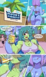 2025 absurd_res beer big_breasts bikini blue_skin breasts comic_page cyclops deathzera digital_media_(artwork) english_text female futa/female futanari green_hair green_skin hi_res intersex mia_(yeshalot) monster_girl original original_character purple_hair smug tagme text veronica_(deathzera)