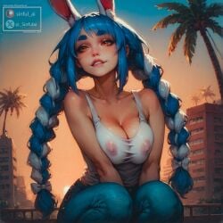 1girls ai_generated aisinful big_breasts blue_hair breasts covered_nipples female female_only hi_res jeans large_breasts medium_breasts solo thick_thighs thighs twin_braids usada_pekora vtuber wide_hips