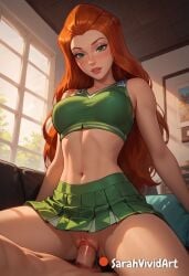 1boy 1girls abs ai_generated blush cheerleader cheerleader_uniform cowgirl cowgirl_position crop_top disney disney_channel female female female_focus ginger ginger_hair green_clothing green_eyes large_penis living_room long_hair long_penis on_couch penis red_hair red_head riding riding_penis sam_(totally_spies) sarahvividart seductive sex shiny_skin skirt skirt_lift tagme thick_thighs thin_waist totally_spies vaginal_penetration vaginal_penetration vaginal_sex wide_hips