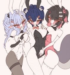 3girls animated belle_(zenless_zone_zero) bite_mark black_hair blue_eyes blue_hair blush blush_lines blushing_at_viewer bunnysuit clothed day__1day ellen_joe green_eyes gropng hair_ornament hoyoverse looking_at_viewer mihoyo pink_eyes red_eyes rubbing rubbing_belly shark shark_girl shark_tail tickling vivian_(zenless_zone_zero) white_background yuri zenless_zone_zero
