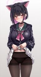 1girls animal_ears black_choker black_hair black_hoodie black_jacket black_panties blue_archive blue_sailor_collar cat_ears choker clothes_lift colored_inner_animal_ears colored_inner_hair cowboy_shot extra_ears green_sailor_collar hair_ornament hairclip halo highres hood hooded_jacket hoodie jacket kazusa_(blue_archive) lifting_own_clothes lowleg lowleg_panties marisasu_(marisa0904) miniskirt multicolored_hair neckerchief panties panties_under_pantyhose pantyhose pink_eyes pink_hair pink_halo pink_neckerchief pleated_skirt sailor_collar school_uniform short_hair sketch skirt skirt_lift solo standing thighband_pantyhose trinity_general_school_logo two-tone_hair underwear white_skirt