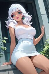ai_generated blue_eyes cute cute_face dark_skin dark_skinned_female fit_female league_of_legends qiyana_yunalai riot_games skinny_girl white_hair white_shirt white_skirt white_top
